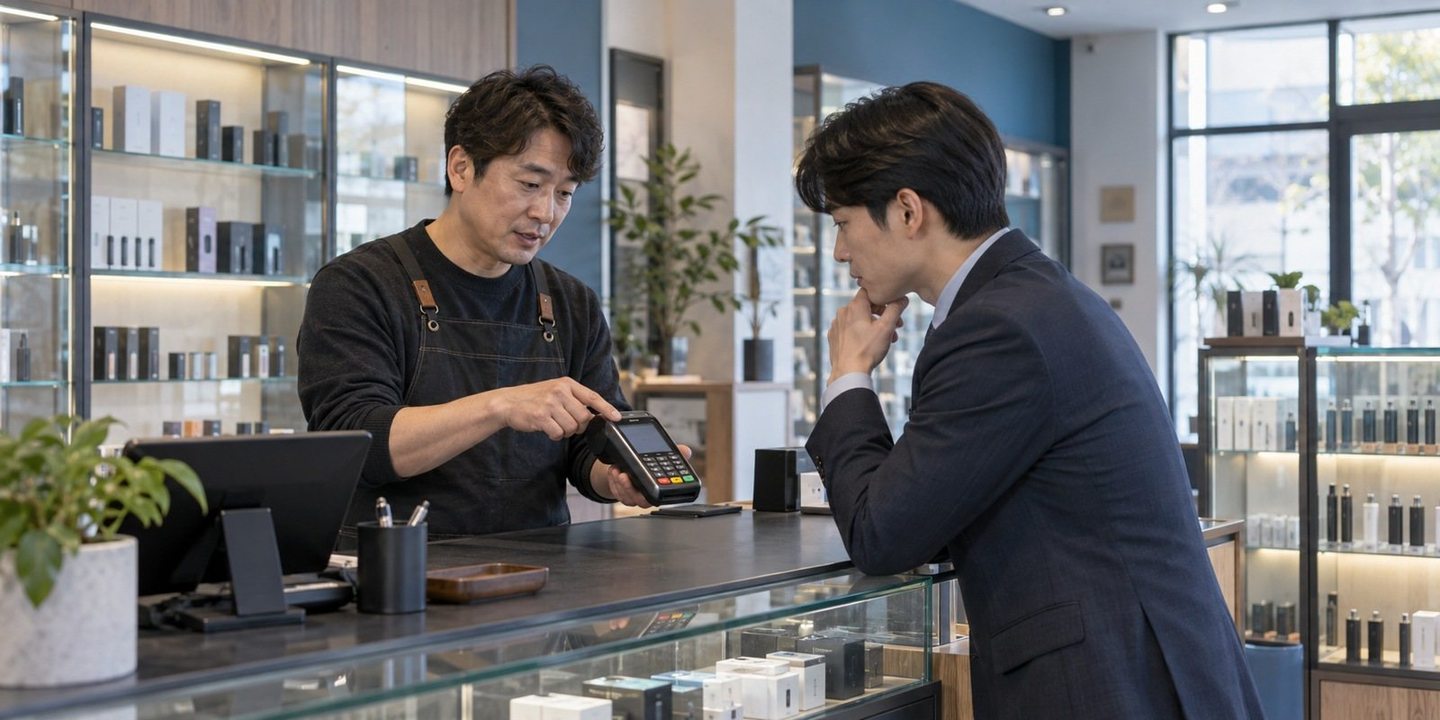 매장 카운터에서 단말기 이용을 설명하는 두 사람 — PG결제 연동 비용비용, 처음 내는 돈부터 차근차근. 연락 주시면 견적서 칸마다 무엇이 들어가는지 읽어 드려요.