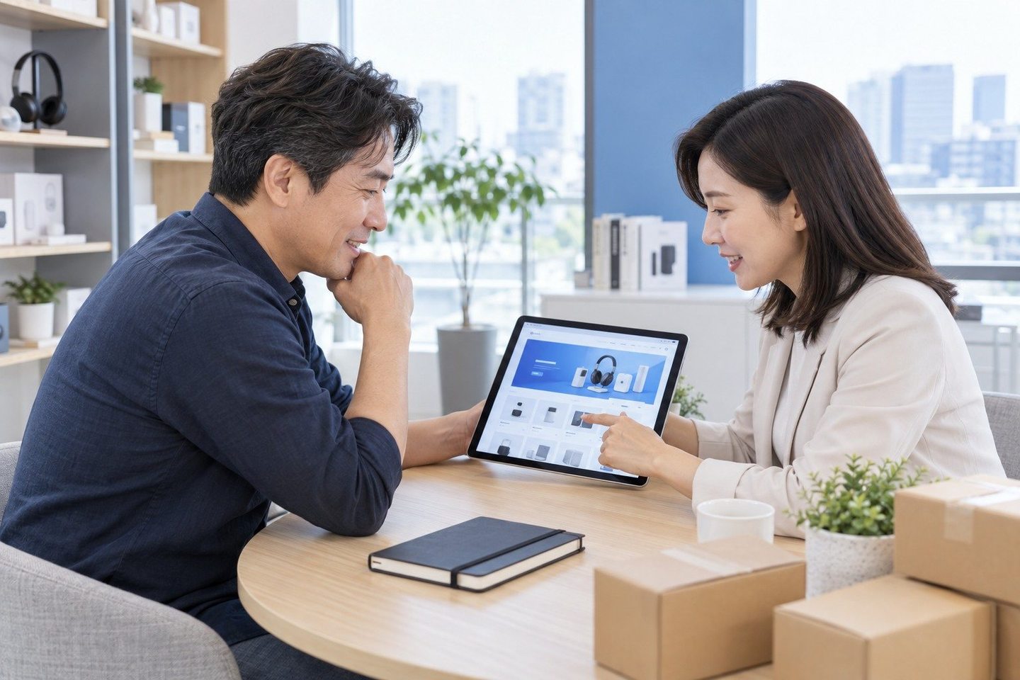 태블릿 화면과 조건을 함께 확인하는 두 사람 — PG결제 연동 임대형 몰빌더 몰이라면 길이 하나 더 있습니다. 연락 주시면 복제부터 이사까지 차례를 같이 그려 드려요.