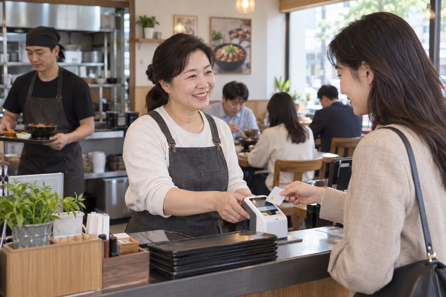 매장 카운터에서 고객에게 결제를 안내하는 여성 — PG결제 연동 돈 이야기는 갈래만 나누면 생각보다 단순해집니다.